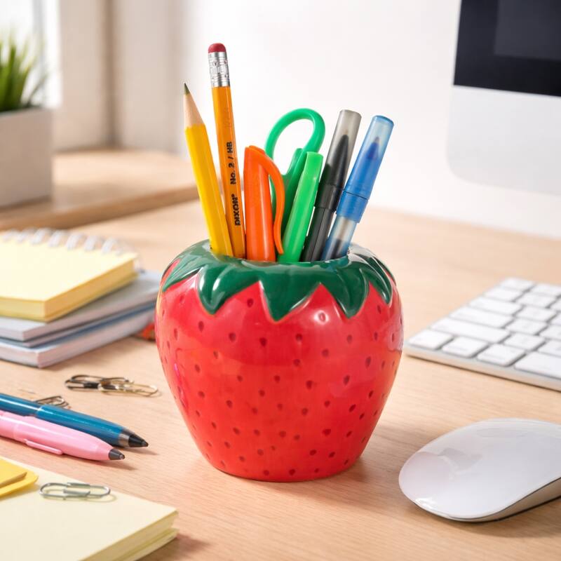 Decorative Strawberry Pencil Cup Storage - 4", Red - 4.0"