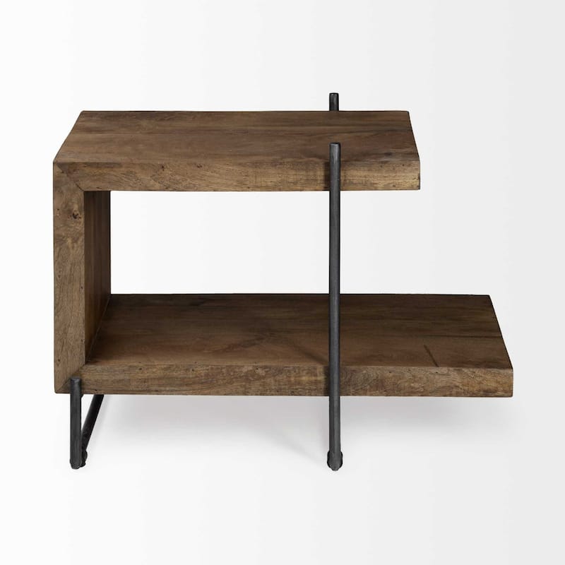 22-Inch Brown Wood End Table with Storage Shelves and Metal Base - 30" x 17.50" x 22"