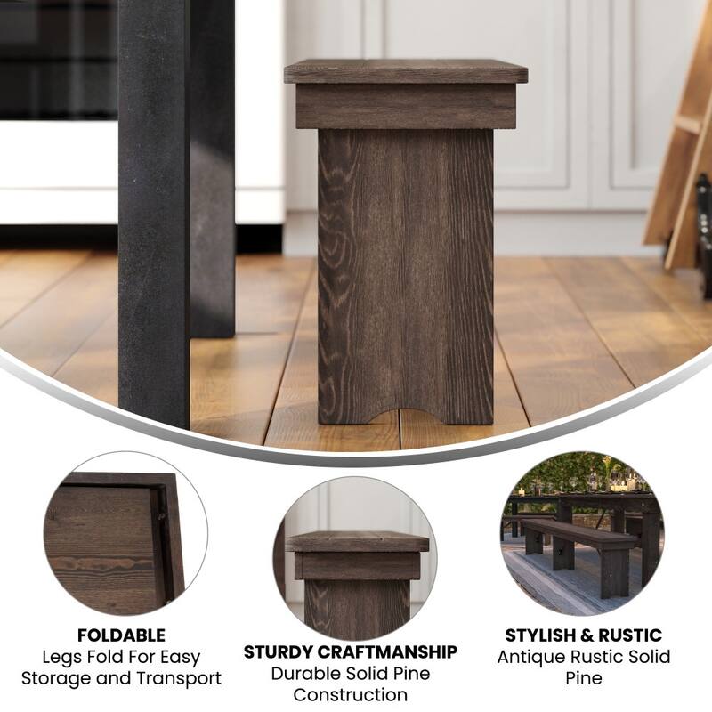 8' x 12" Antique Rustic Solid Pine Folding Farm Bench with 3 Legs