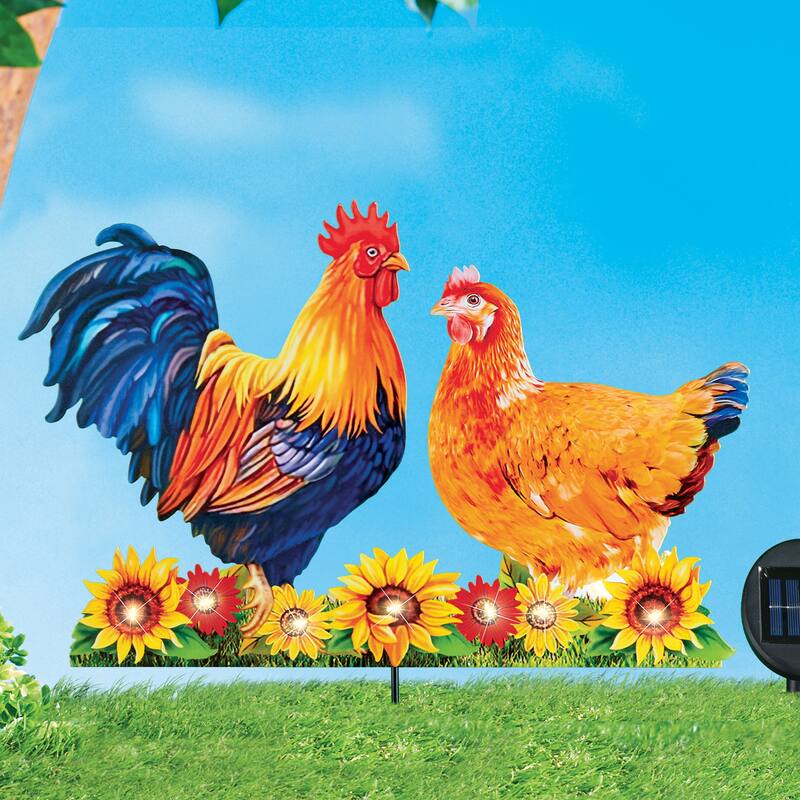 Solar Powered Realistic Rooster and Hen Garden Stake - 18 x 18 x 0.25 - Orange - 18 x 18 x 0.25 - Metal