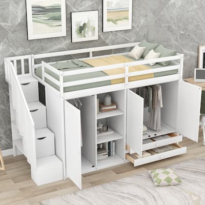 Functional Loft Bed with 3 Shelves, 2 Wardrobes and 2 Drawers, Ladder with Storage, No Box Spring Needed