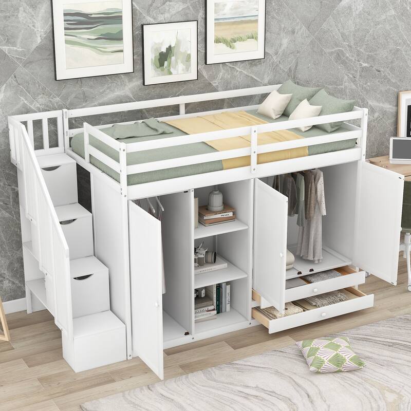 Space-Saving Loft Bed with Shelves, Wardrobes, Drawers, and Storage Ladder, White