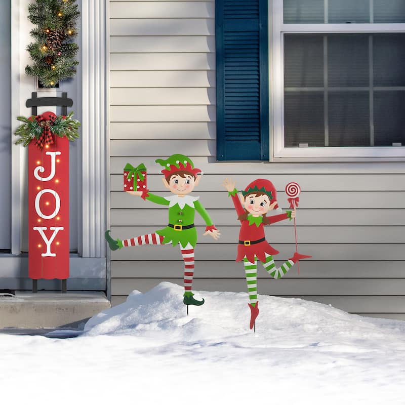 Glitzhome Set of 2 36"H Christmas Metal Snowman Santa or Dancing Elf Yard Stake Standing Hanging Decor