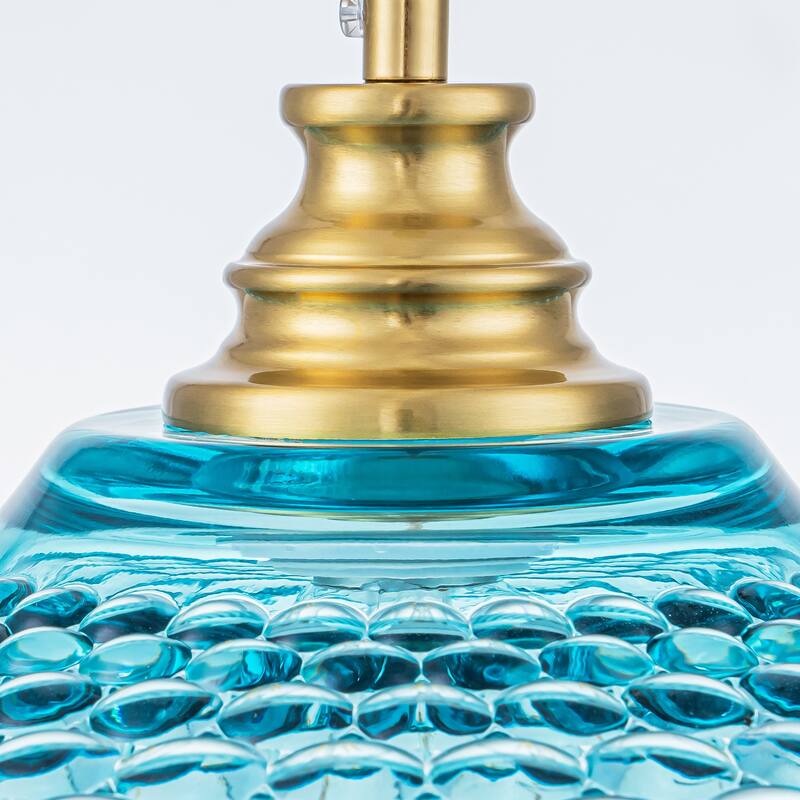 1-Light Vintage Brass & Textured Blue Glass Pendant Light for Kitchen Island, Dining Room - 1 Light