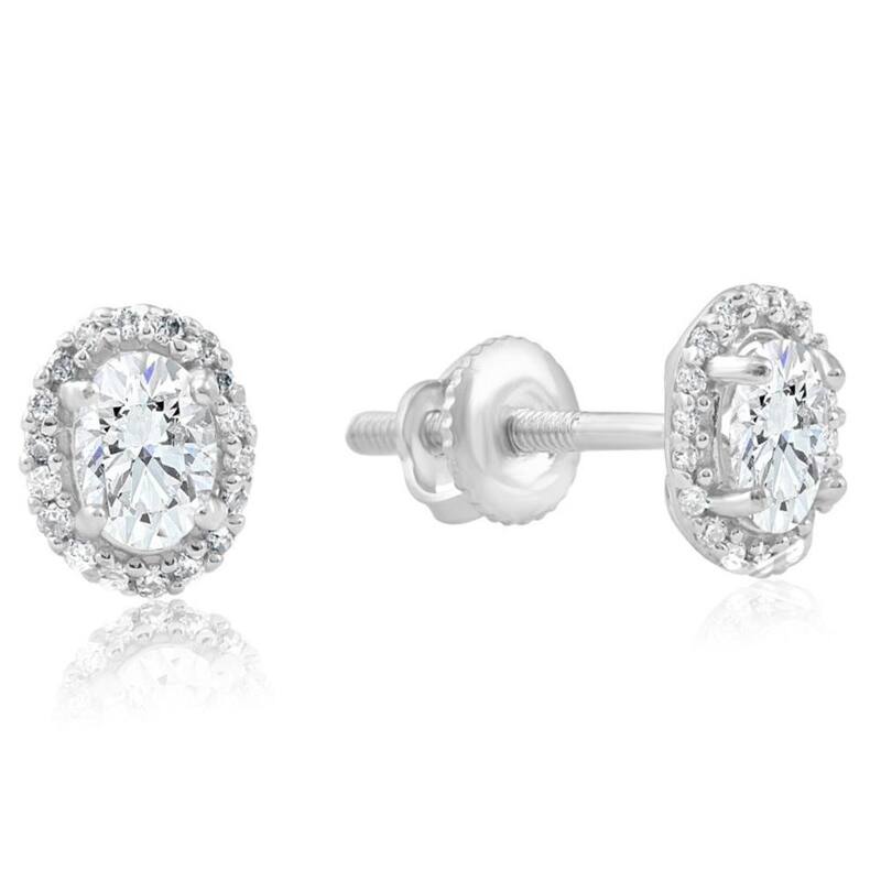 1/2Ct TW Oval Shape Halo Diamond Studs White or Yellow Gold Earrings