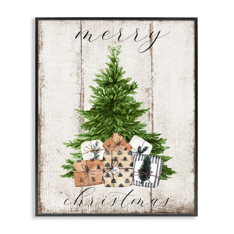 Stupell Rustic Distressed Merry Christmas Tree Illustration Framed Wall Art - 24 x 30 - Black