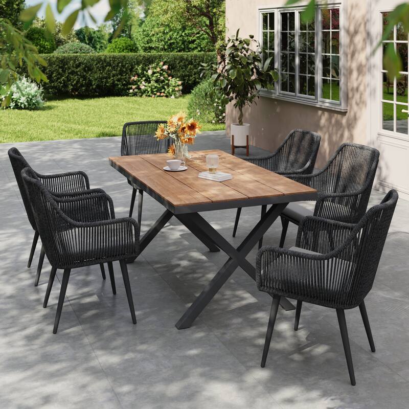 Outdoor Dining Set with Aluminum X-Leg Table and PE Rattan Chairs