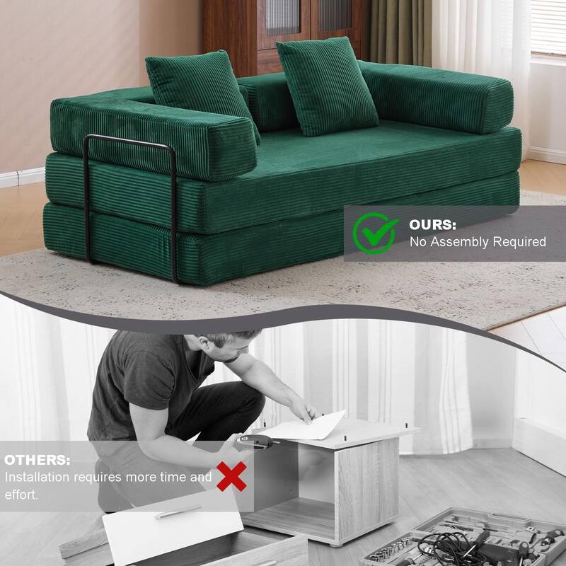 Green Fabric Foldable Futon Sofa Bed Convertible with Corduroy Cover - 78.5” L x 37” W x 23.6” H