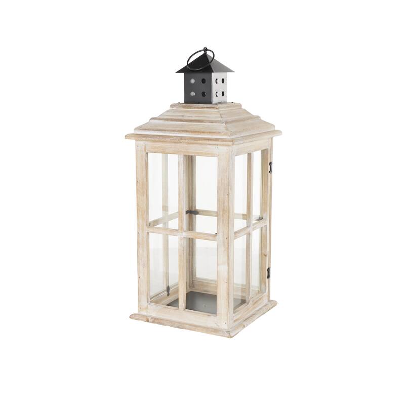 Brown or Light Brown Wood Lighthouse Style Decorative Indoor Outdoor Candle Lantern with Black Ring Handle