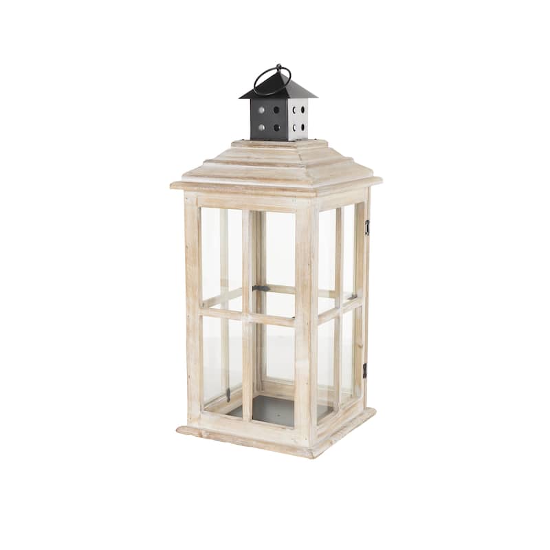 Wood Light House Decorative Candle Lantern with Black Ring Handle - Brown or Light Brown - Roche River Decor