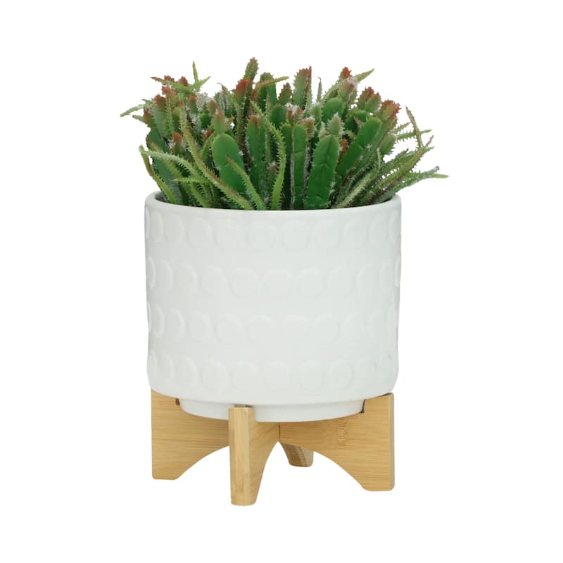 Sagebrook Home Ceramic Planters: Elevate Your Greenery with Stylish Bamboo Wood Stands - Perfect Home Decor Accessory
