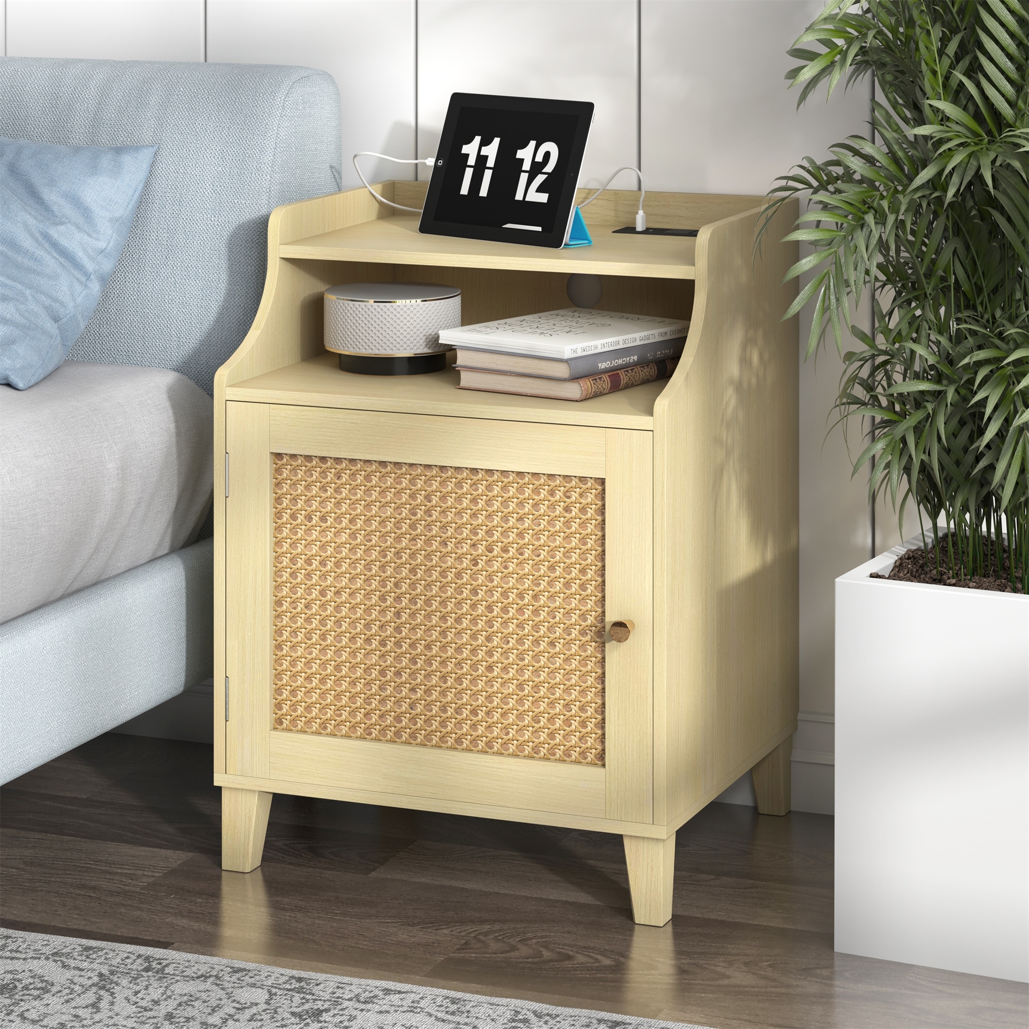Farmhouse Nightstand with Charging Station & Rattan Door