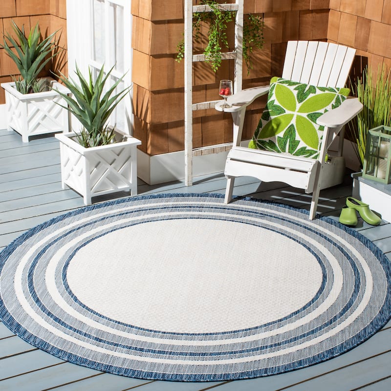 SAFAVIEH Courtyard Vickie Indoor/ Outdoor Waterproof Patio Backyard Rug - 6'7" x 6'7" Round - Ivory/Navy