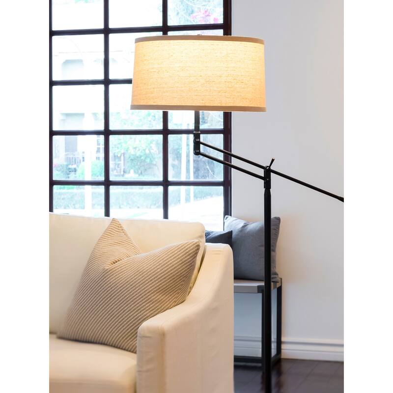 Brightech Ava 61 in. Classic Black Mid-Century Modern Height Adjustable LED Floor Lamp with Beige Fabric Drum Shade