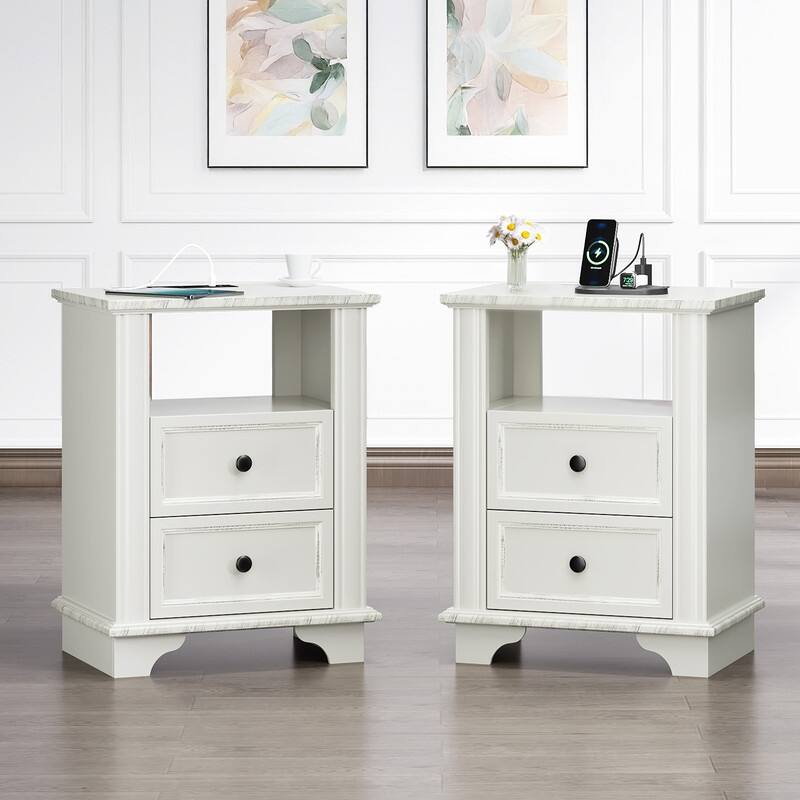 White MDF 2-Drawer Nightstand with Outlet, Black Brushed Handles, 19.7x13.8x25.8in - 1pc