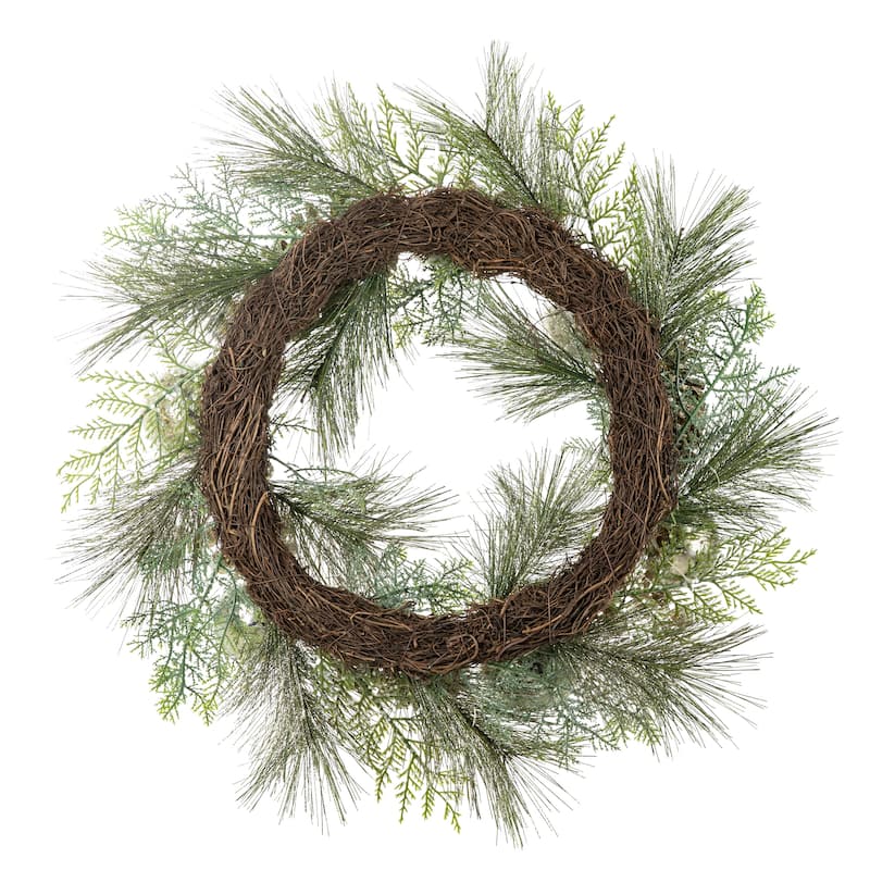 Glitzhome 24"D Lit Frosted Ball Berry Holly Pine Pinecone Wreath With Lights