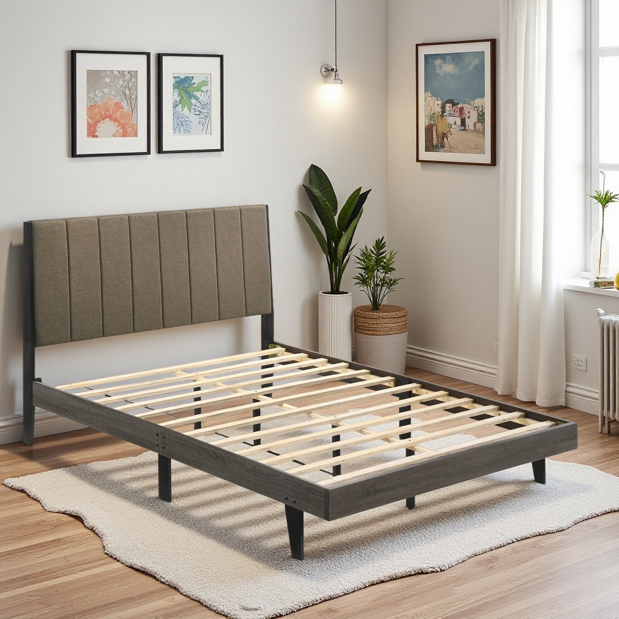 Queen Size Wood Platform Bed with Weathered Frame and Slatted Platform