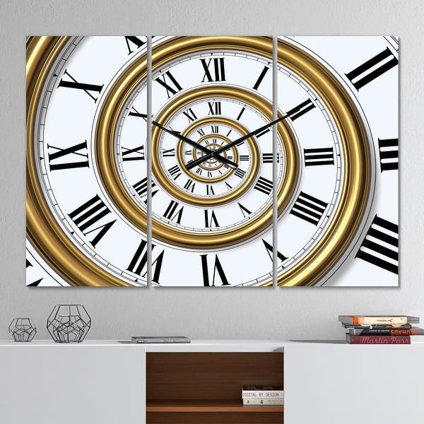 slide 2 of 6, Designart 'Time Spiral in Antique Style' Modern 3 Panels Oversized Wall CLock - 36 in. wide x 28 in. high - 3 panels