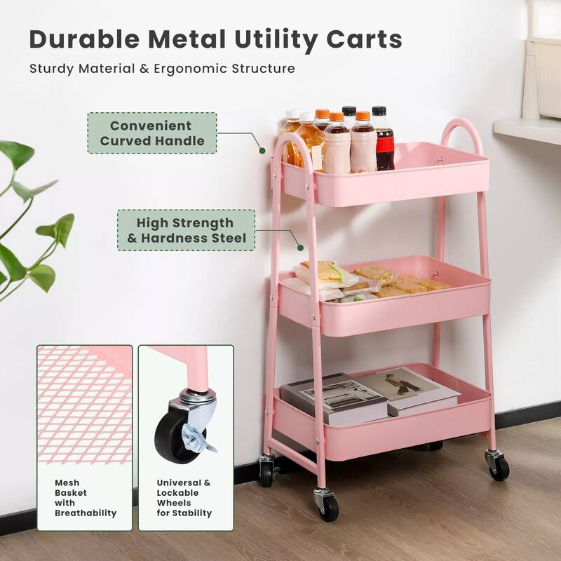 3-Tier Metal Rolling Utility Cart Multifunctional Organizer with Handle and Lockable Wheels - 17.4"D x 12.04"W x 31.02"H