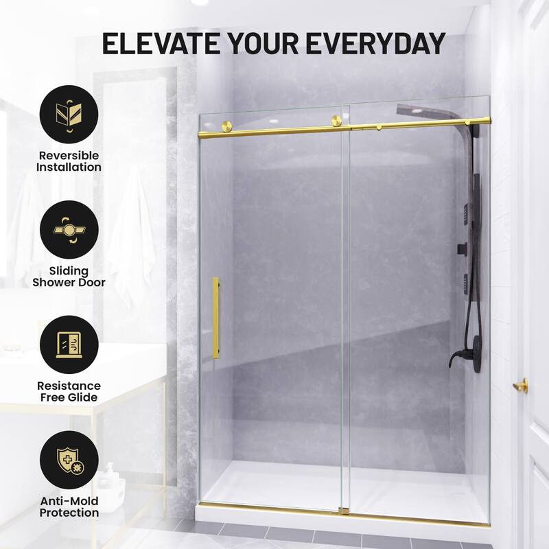 Mountain 48-inch Reversible Frameless Sliding Glass Shower Door with Soft-Close System