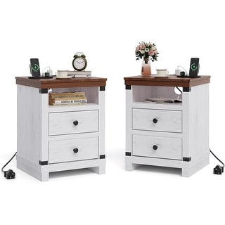 Modern Farmhouse Nightstand Set of 2 with Charging Station, 2 Drawer Rustic Bedside Table with USB Ports & Outlets