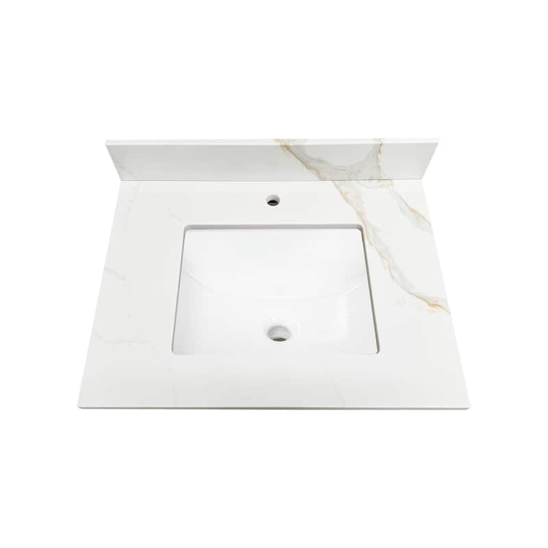 Calesco Calacatta Quartz Bathroom Vanity Top with Sink and Backsplash - White/Gray/Beige - Single Hole