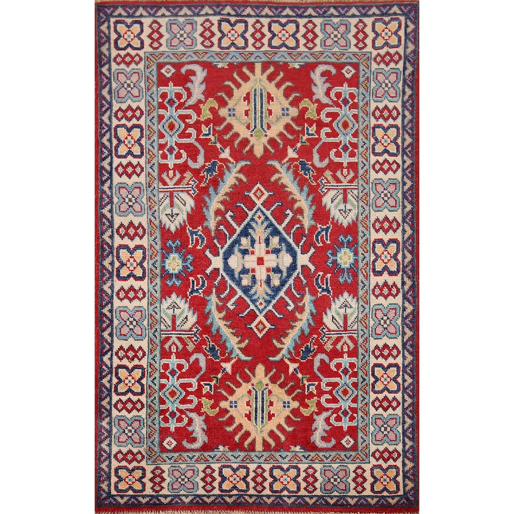 Red Floral Kazak Foyer Rug Handmade Wool Carpet - 2'9" x 4'2"