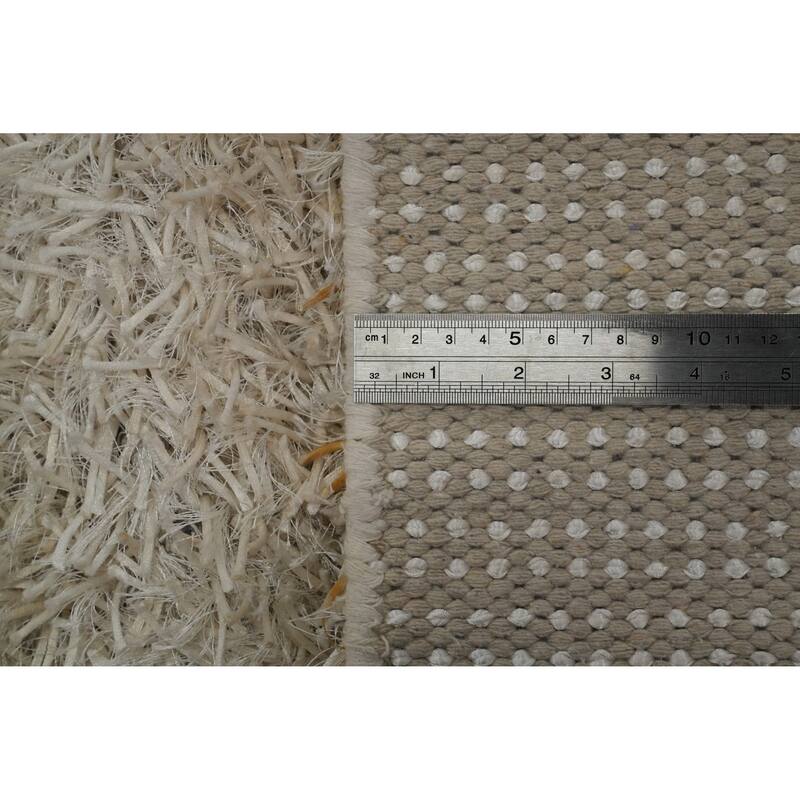 Hand Knotted Oriental Polyester Carpet Modern Solid Beige & Ivories Shaggy Area Rug - 3' 6'' X 1' 10''