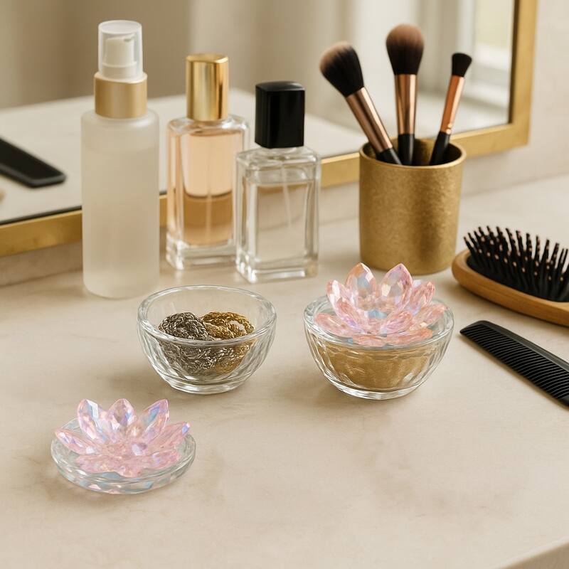 Decorative Round Glass Box with Lotus Top - Set of 2, 4"