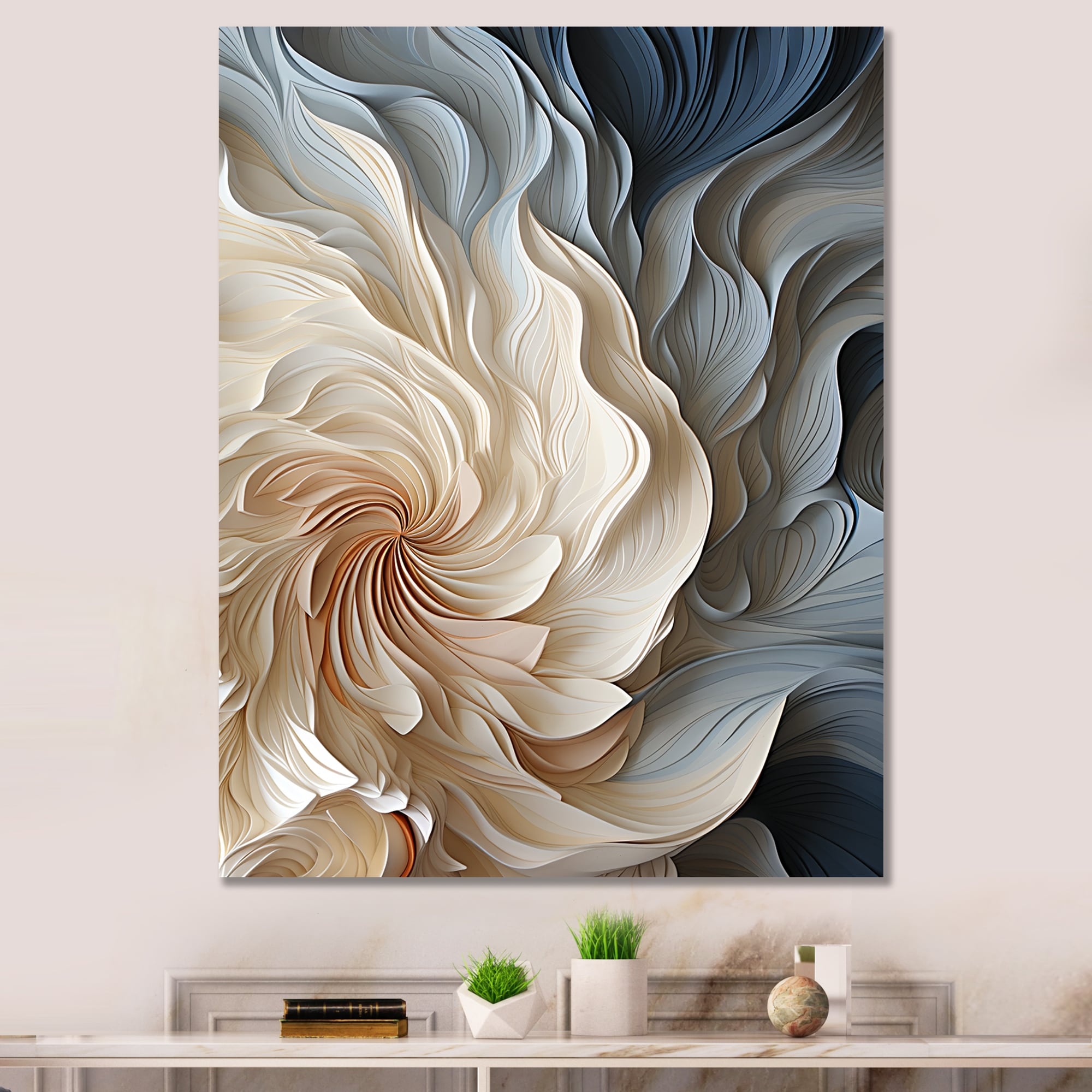 Designart "White And Blue Feather Spiral II" Abstract Geometric Wall Art Print - Modern Wrapped Canvas For Hallway Décor