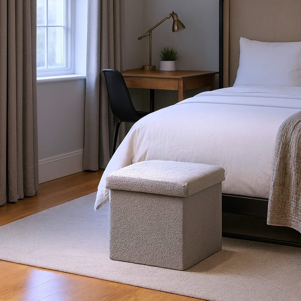 HomeRoots 12" White Boucle Cube Storage Ottoman