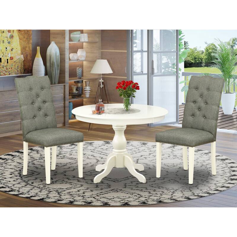 East West Furniture 3 Piece Dining Table Set Contains a Round Dining Table and 2 Linen Fabric Parson Chairs, (Finish Options) - HBEL3-LWH-07