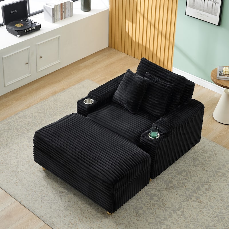 Corduroy Accent Chair & Storage Ottoman Set of 2, Single Sofa Armchair Lounge Chair with Pillows & Cup Holders