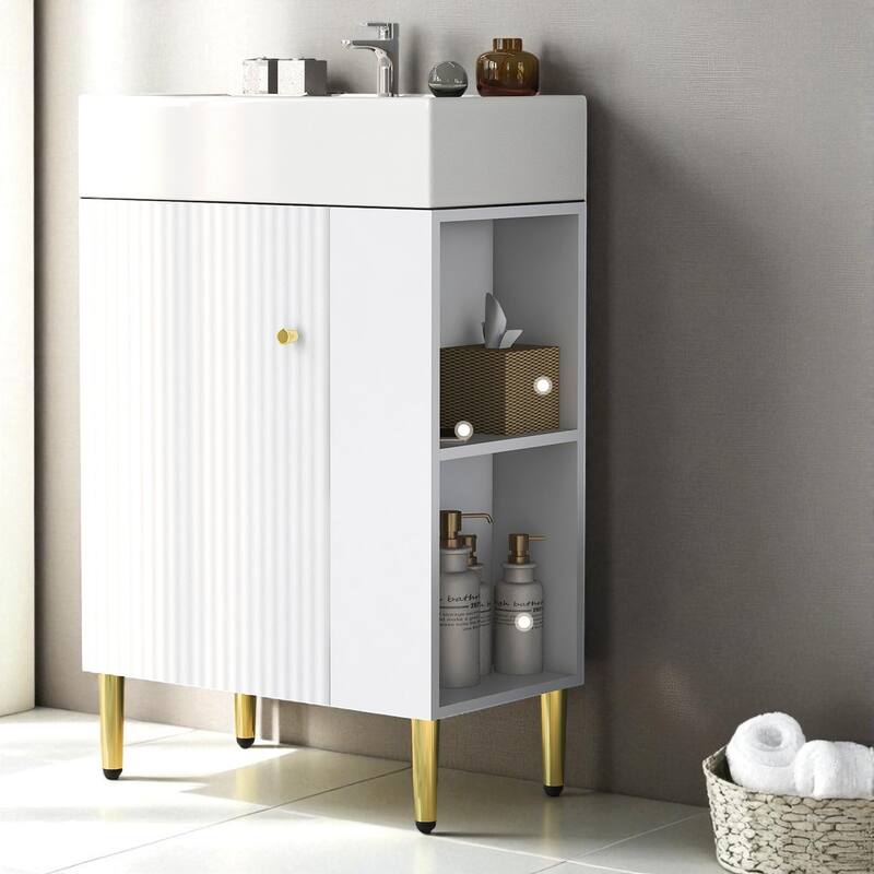 21.6" White Bathroom Vanity with Ceramic Sink Freestanding Cabinet Right Side Storage and Soft Close Door