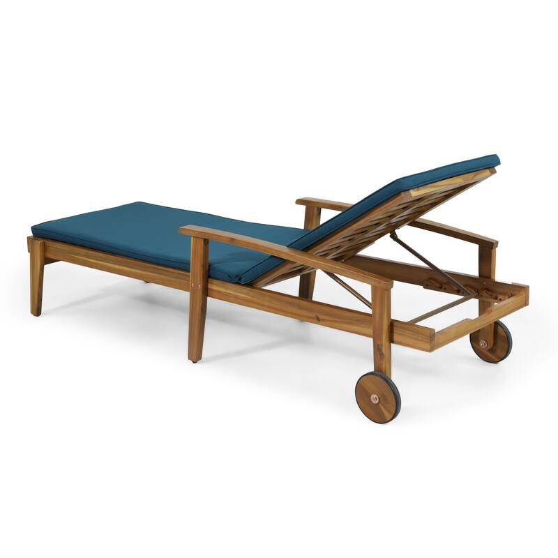 Outdoor Wooden Chaise Lounge Chair with Cushion & 5-Position Adjustable, Slat Reclining Chair with Wheels