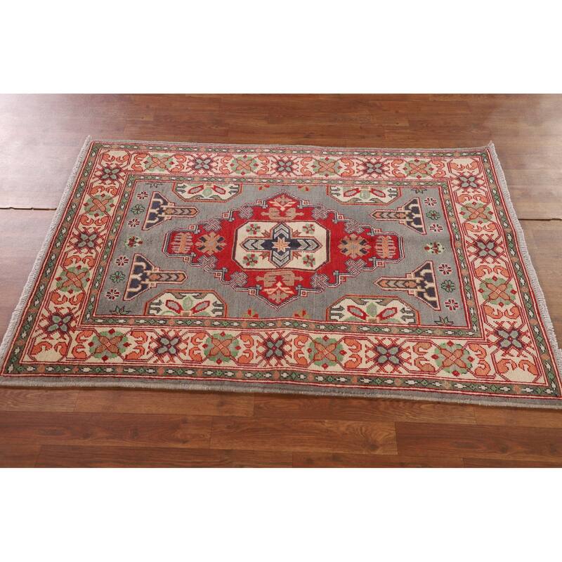 Gray Geometric Kazak Oriental Accent Rug Handmade Wool Carpet - 3'4"x 4'10"