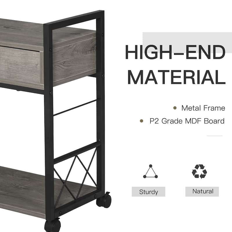 HOMCOM Industrial Style Side Table with 1 Drawer, Shelf, Wheels Wooden Bedside Table Night Stand, Home Furniture, Grey