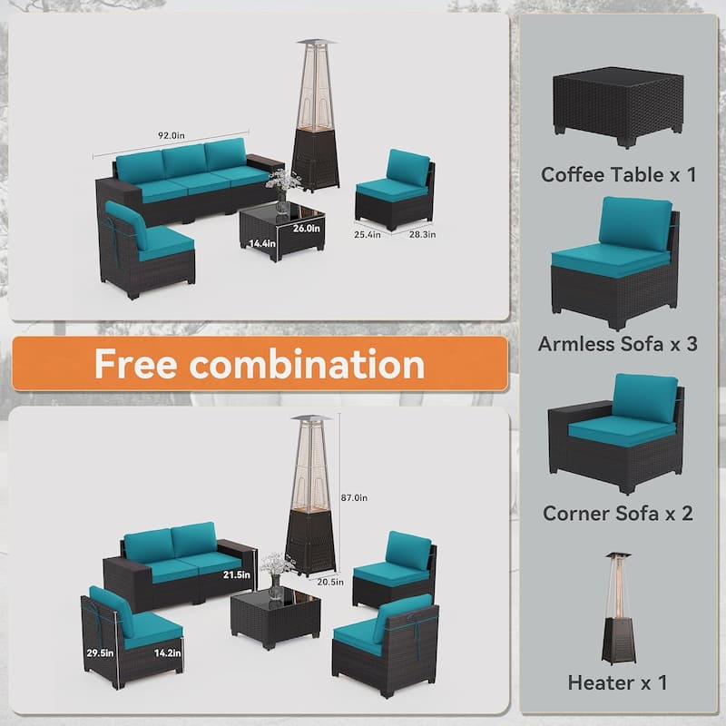 Outdoor Patio Furniture Set, All Weather PE Wicker Sectional Conversion Sofa set with Firepit(Optional)