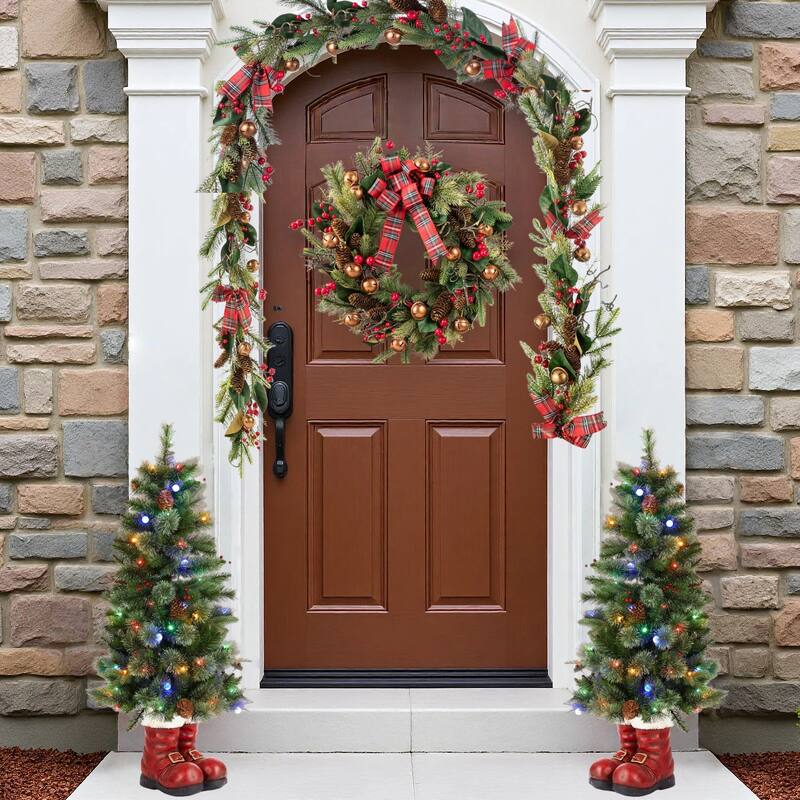 Glitzhome 4.5ft LED Lighted Christmas Tree with Santa Boots Base, Berry Bow Wreath, Garland Set for Front Door Entryway