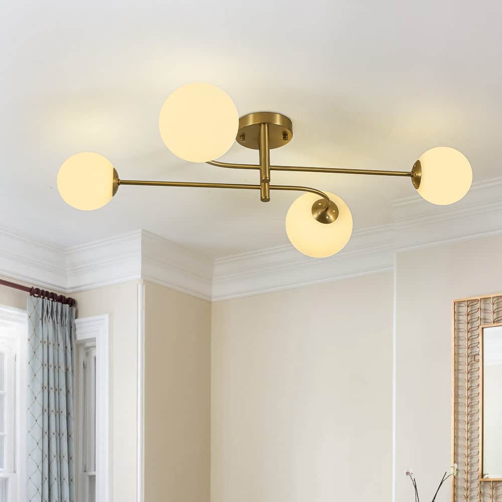 Mid-Century 4-Light Opal Glass Globe Sputnik Semi Flush Mount