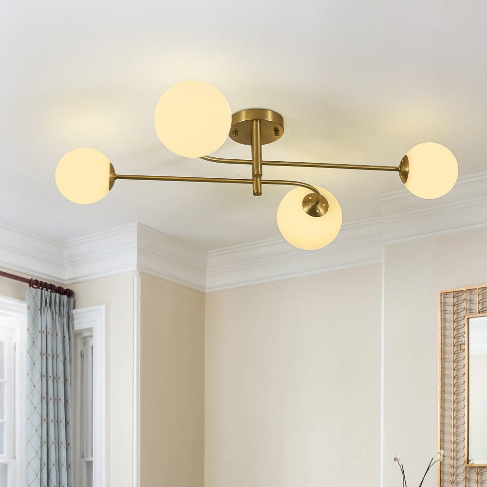 Mid-Century 4-Light Opal Glass Globe Sputnik Semi Flush Mount