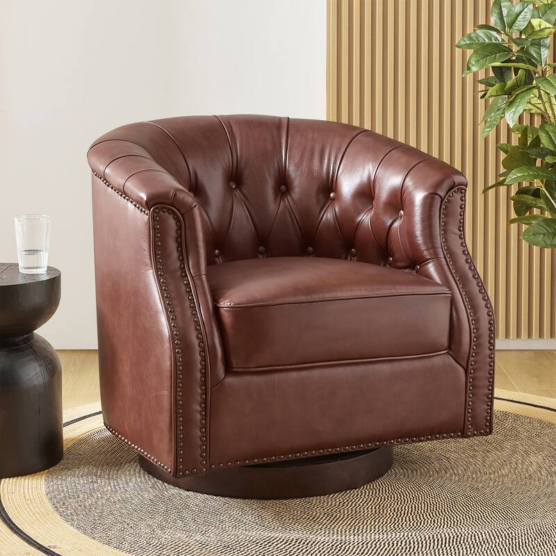 Max Traditional Chesterfield Rocker and Swivel Genuine Leather Chair with Nailhead Trims - Brown
