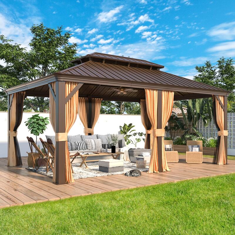 Pro Series Outdoor Hardtop Gazebo Pergola | Galvanized Steel Roof & Aluminum Frame | Includes Premium Curtains & Netting