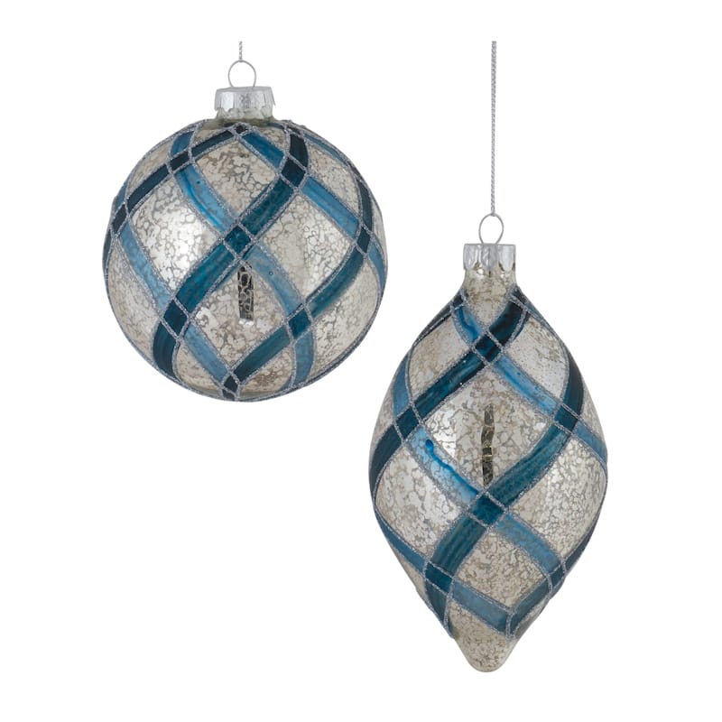 Glittered Net Glass Christmas Ornaments 6" (150Mm) Silver and Blue 6Ct