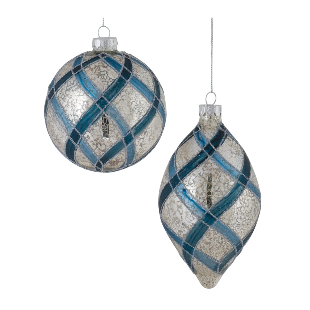 Glittered Net Glass Christmas Ornaments 6" (150Mm) Silver and Blue 6Ct