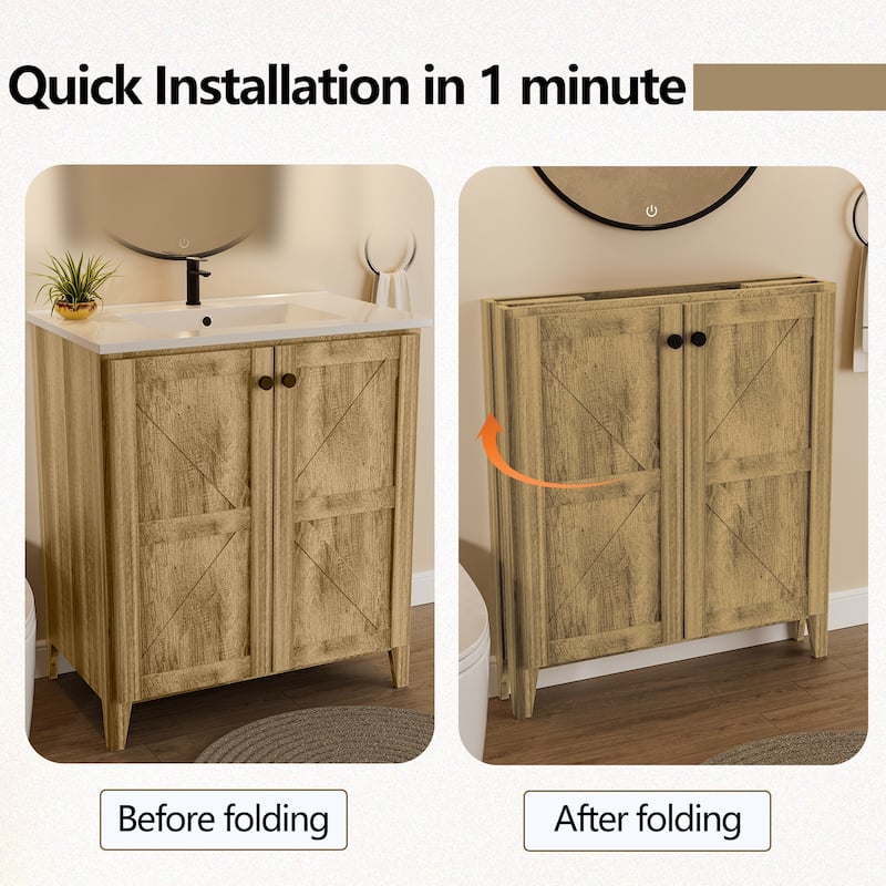 30 Inch Folding Bathroom Floor Cabinet with Ceramic Sink, 1-Minute Tool-Free Install, Space-Saving Freestanding Vanity