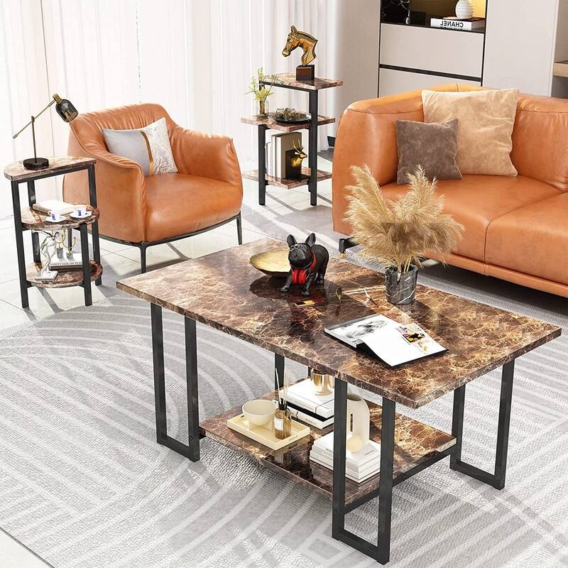 3 Pieces Faux Marble Coffee Table Set with 1 Coffee Table and 2 End Tables, Modern Sofa Side Table with Shelf, Cocktail Table