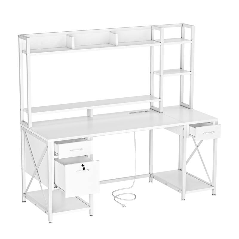Moasis 59 Inch Computer Gaming Desk with Hutch and Bookshelf Home Office Desks with 3 Drawers - White