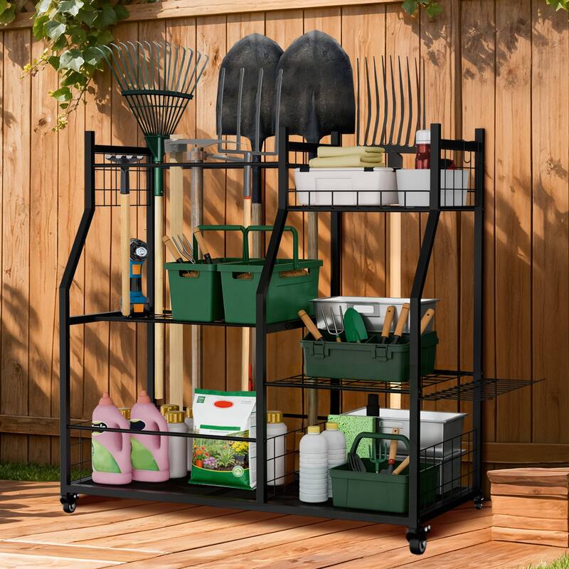 Garden Tool Organizer Stand Organization Yard Tool Racks with wheels - Black 123x29x78.4cm 