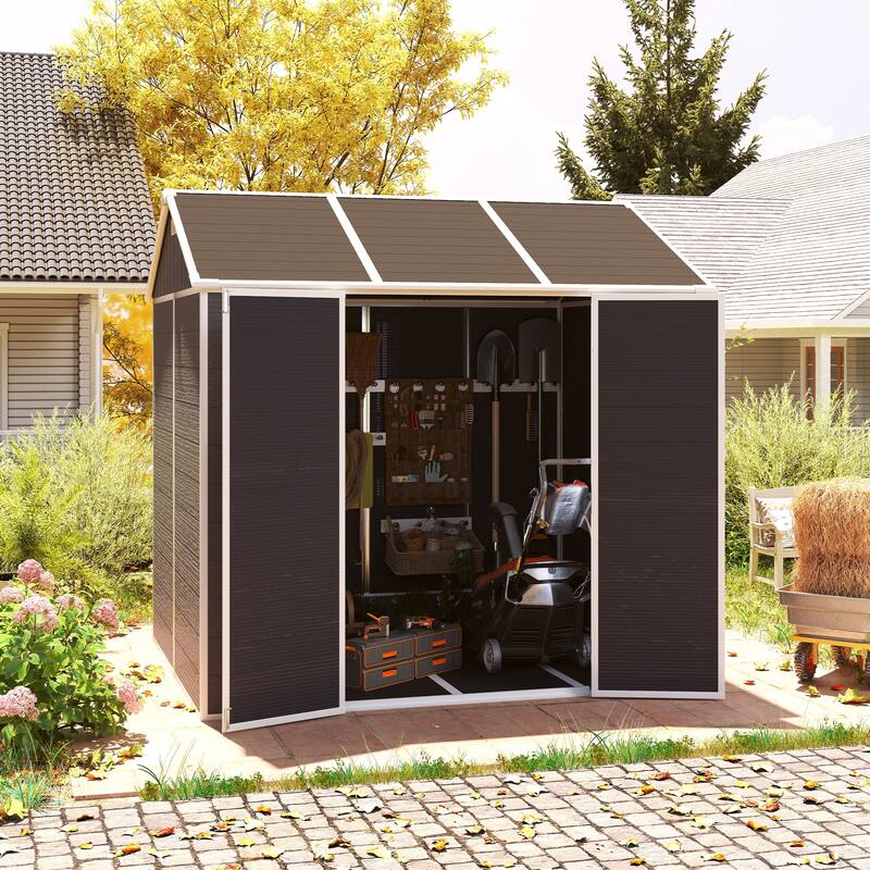 8*7ft Outdoor Storage Shed, Outdoor Resin Shed with Two-Window and Double-Door, Plastic Shed with Floor for Garden, Yard, Lawn